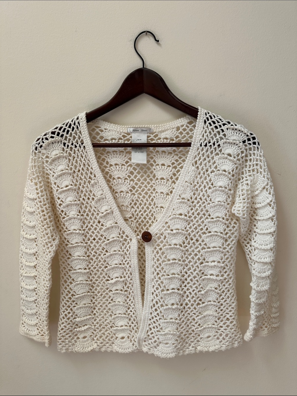 Crochet Openwork V-Neck Button Cardigan Sweater - Cream